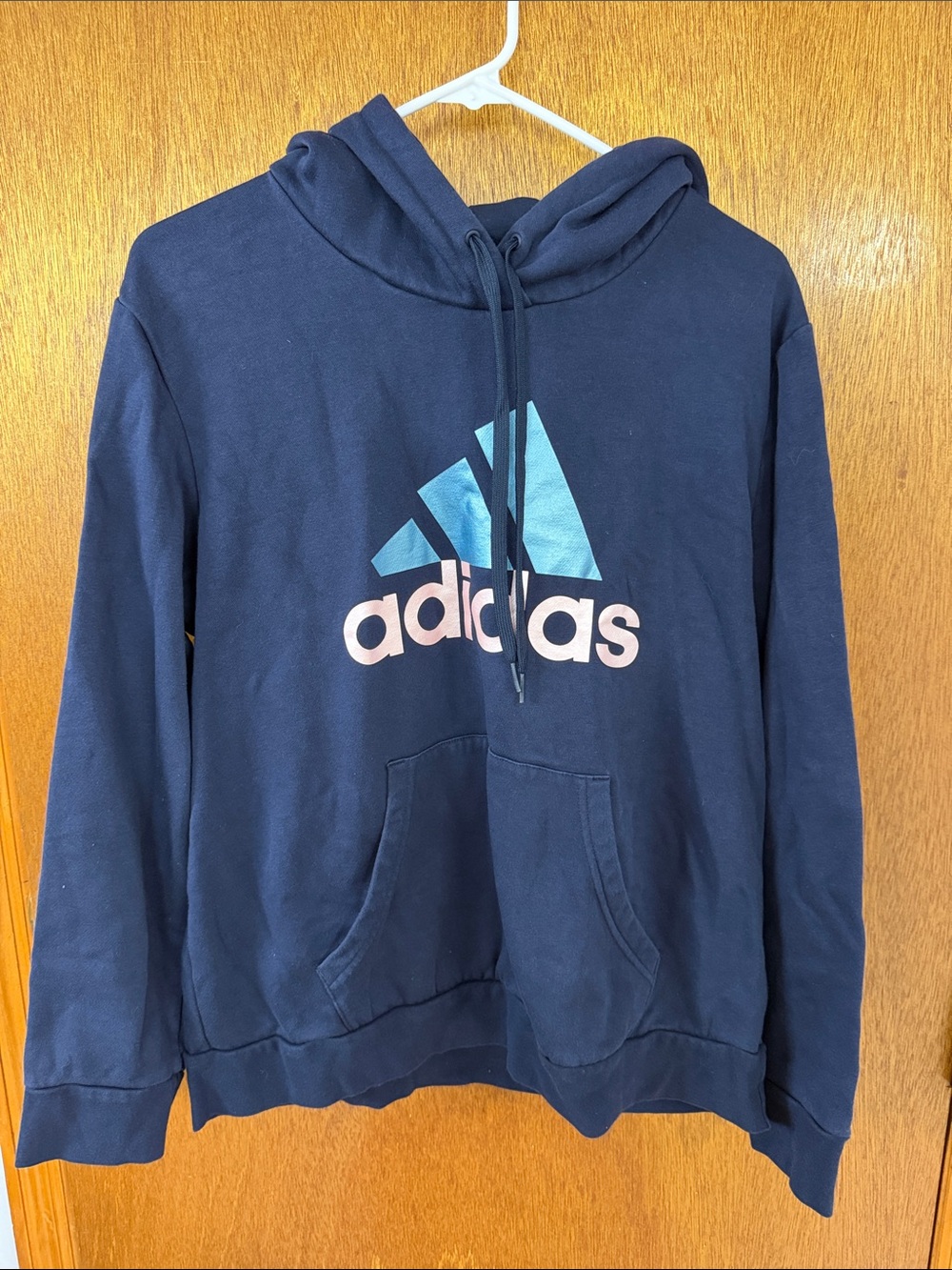 adidas Navy Hoodie with Light Blue and Pink Logo